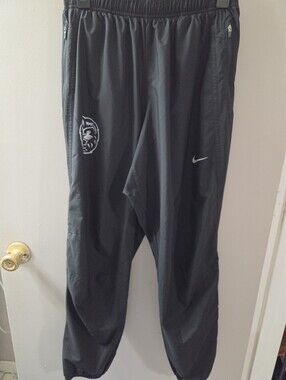 Nike Nylon Black Track Pants with White Swoosh and Lion Logo. Sz L